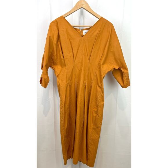 KINDERSALMON Estimtaed M  Cocoon Dress 3/4 Sleeve V-Neck Midi Cotton Orange - Picture 1 of 10